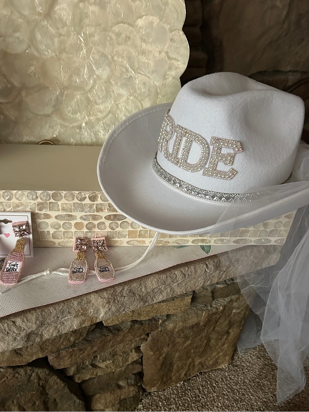 Bling Bride White Cowboy Hat with Veil and two bling Team Bride Dangle earrings